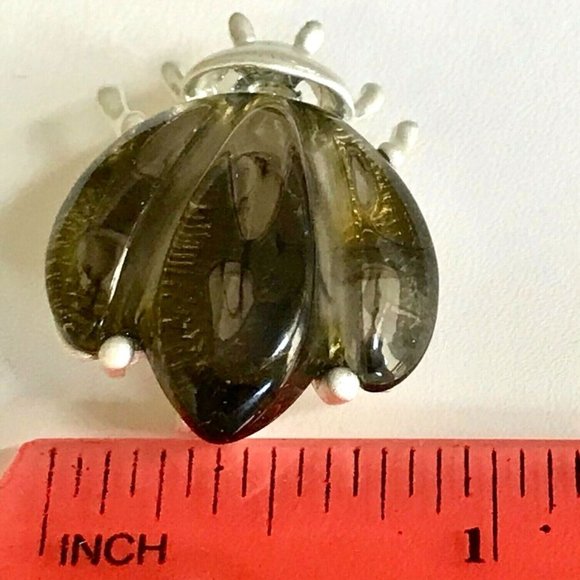 Vintage Beetle Pin Brooch Silver Tone Ladybug Bug Insect Simulated Amber - Picture 7 of 7